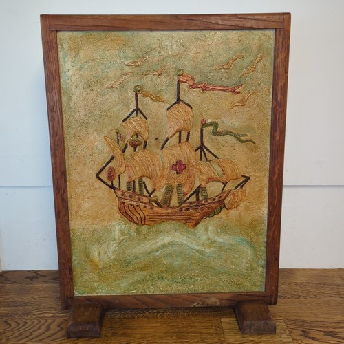Vintage oak fire screen with - fire,