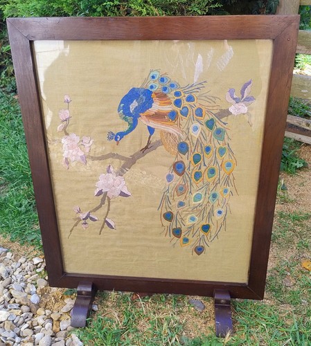 Antique oak framed fire screen - antique,